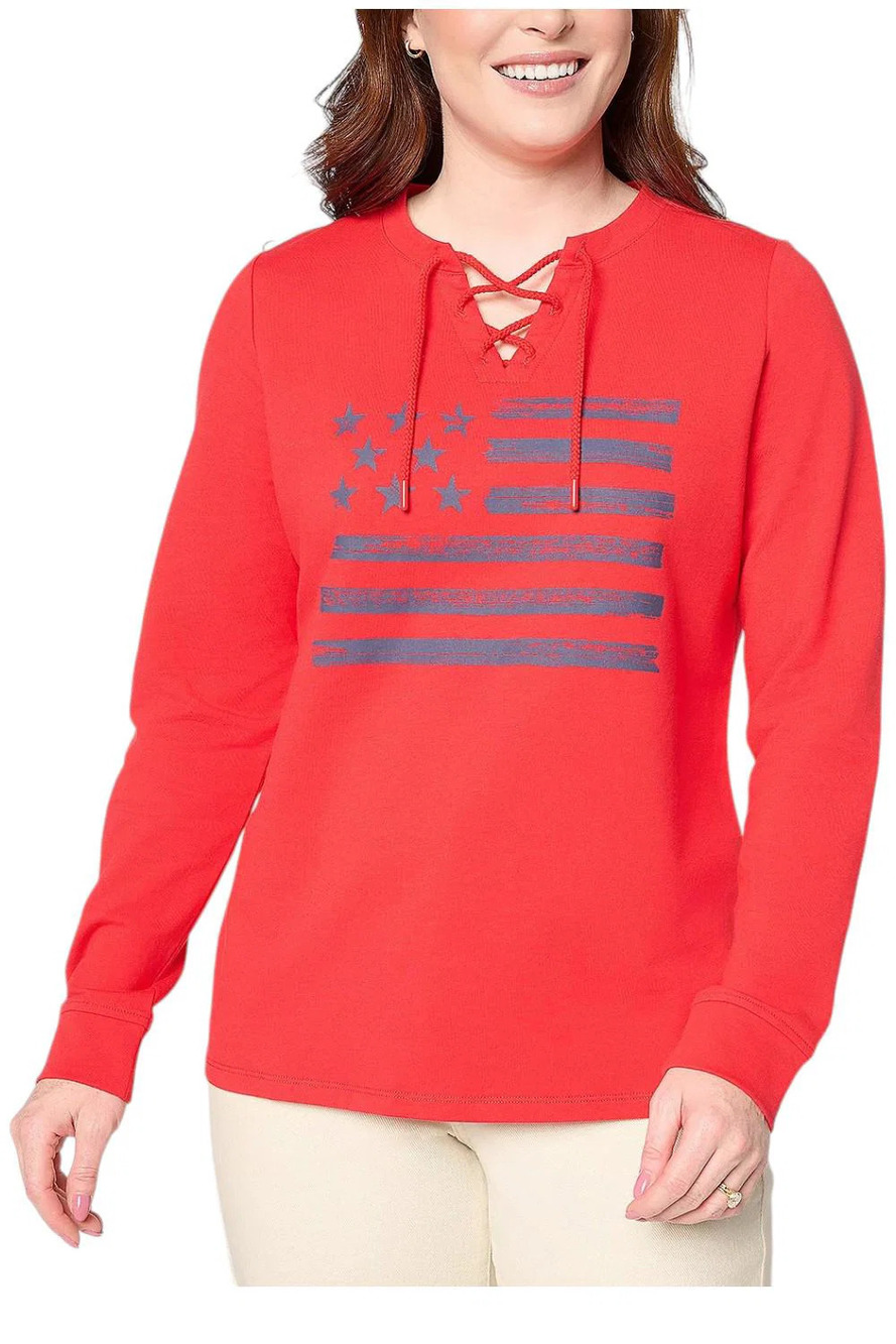 Denim & Co. Women's Americana Flag French Terry Sweatshirt Tomato Red - Regular